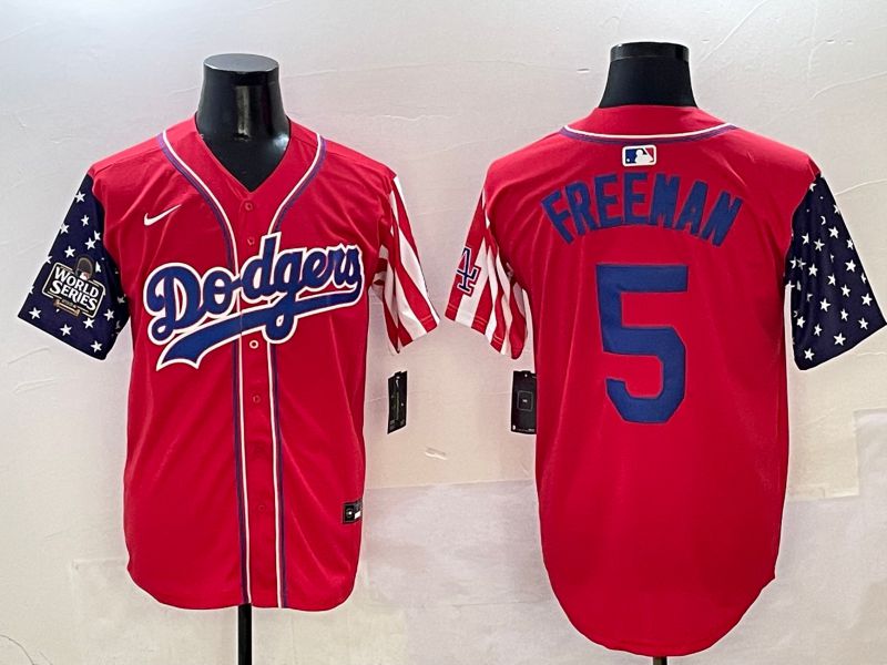 Men Los Angeles Dodgers 5 Freeman Red a generation of national flags Joint name 2025 Nike MLB Jersey style 6